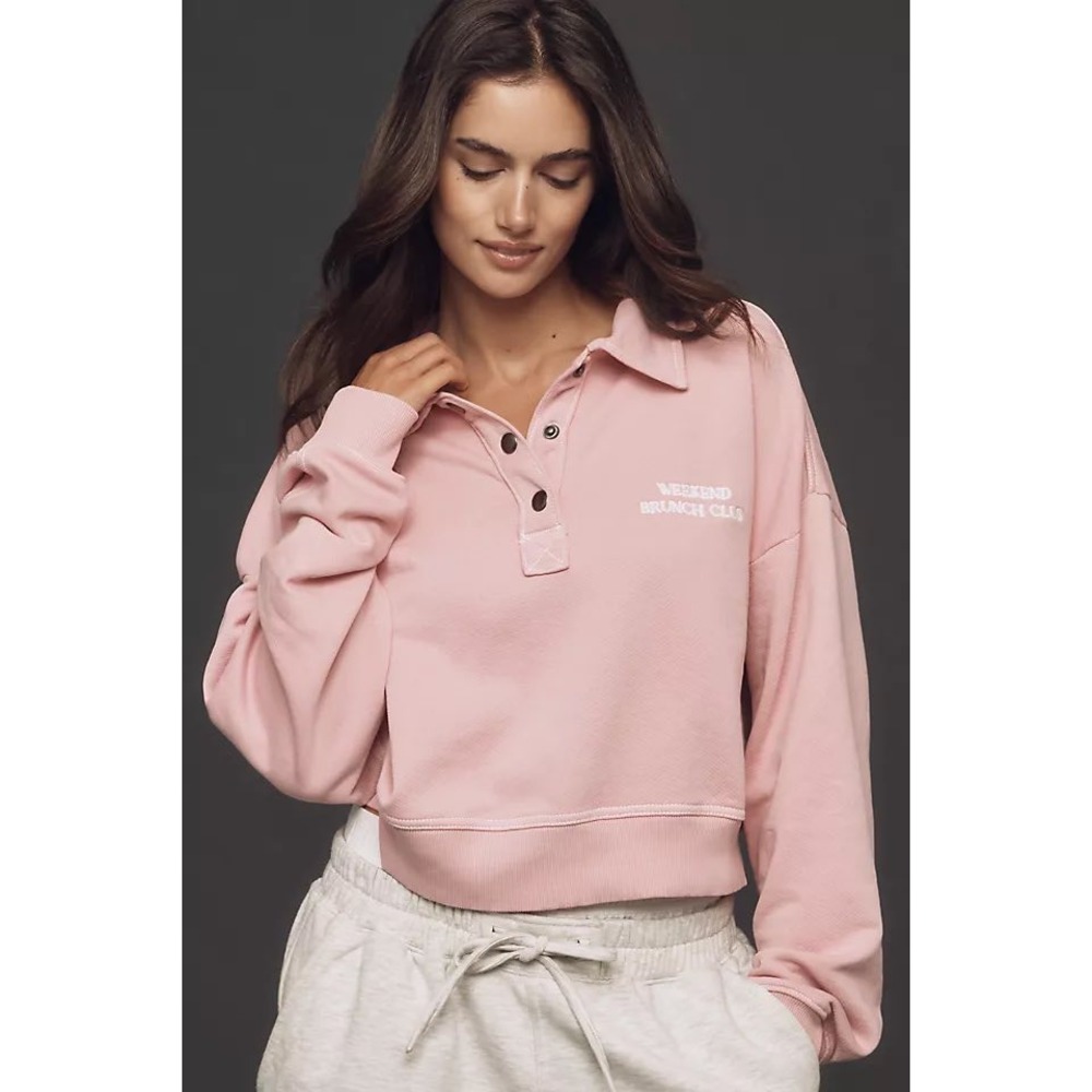 Pilcro Anthropologie Weekend Brunch Club Pink Henley Cropped Sweatshirt XL NEW